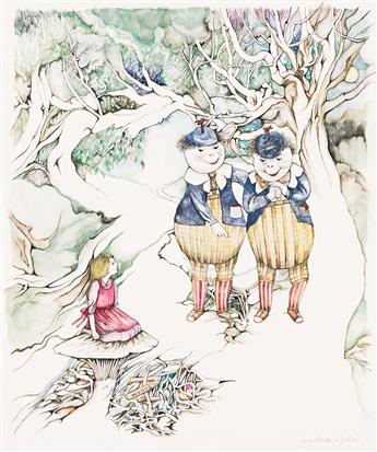 JANE BRESKIN ZALBEN (1950- ) Alice in Wonderland on mushrooms in Tulgey woods with TweedleDee and TweedleDum.                                    